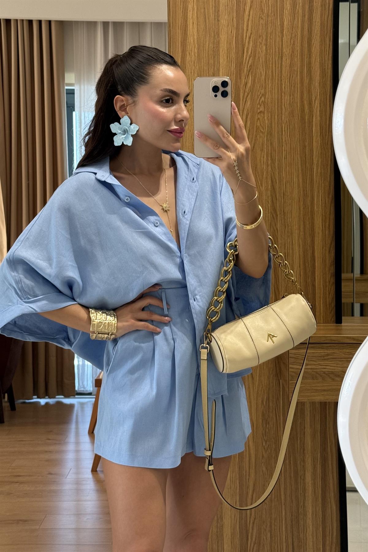 Mareis Mavi Gömlek Şort Keten Takım 