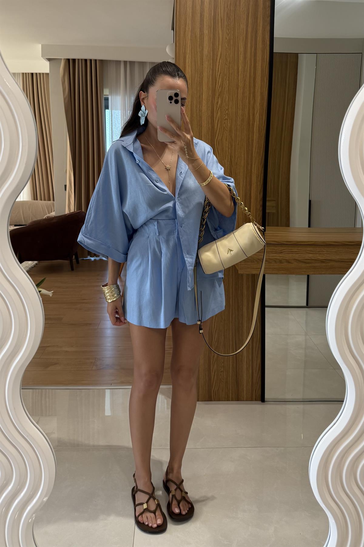 Mareis Mavi Gömlek Şort Keten Takım 