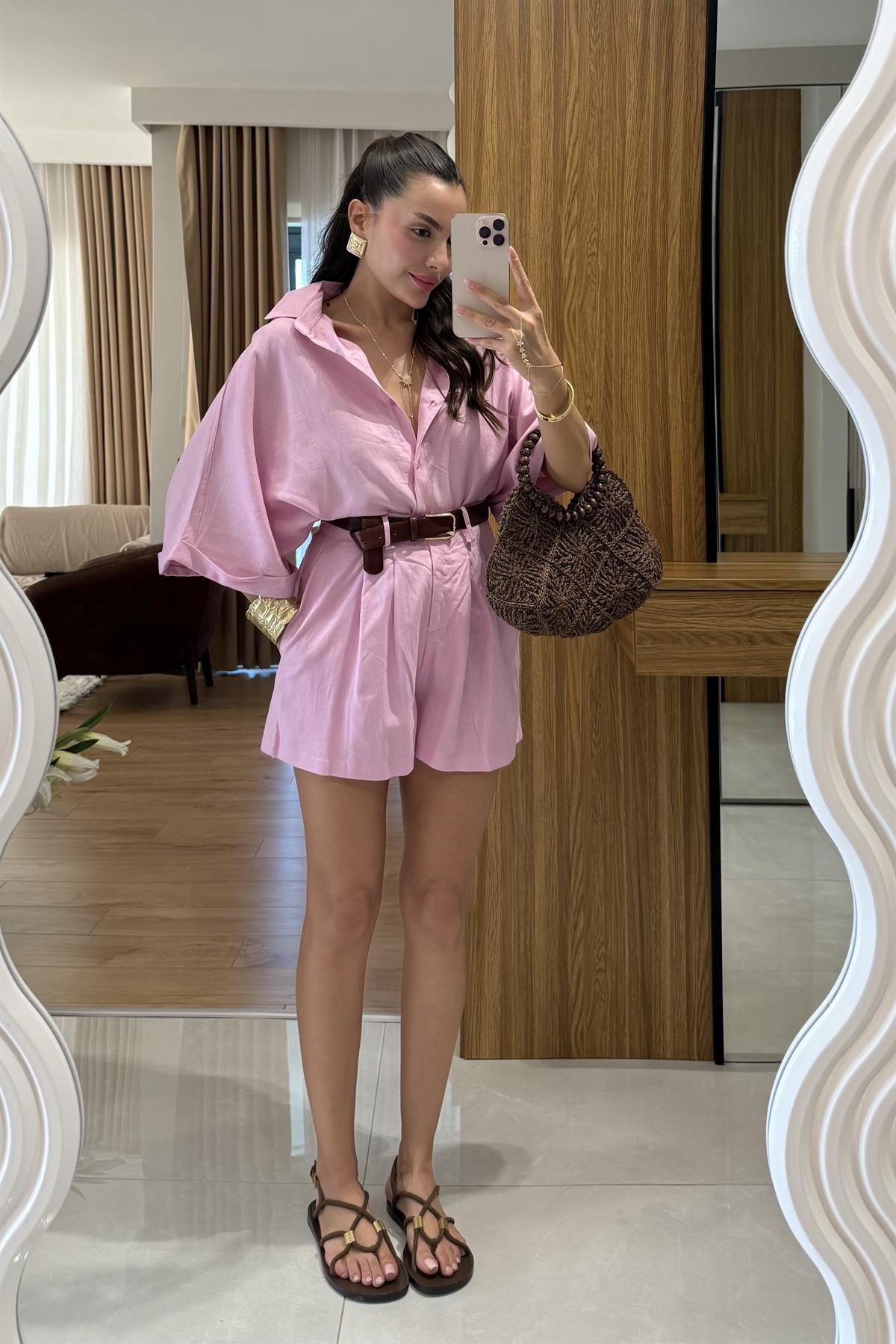 Mareis Pembe Gömlek Şort Keten Takım 