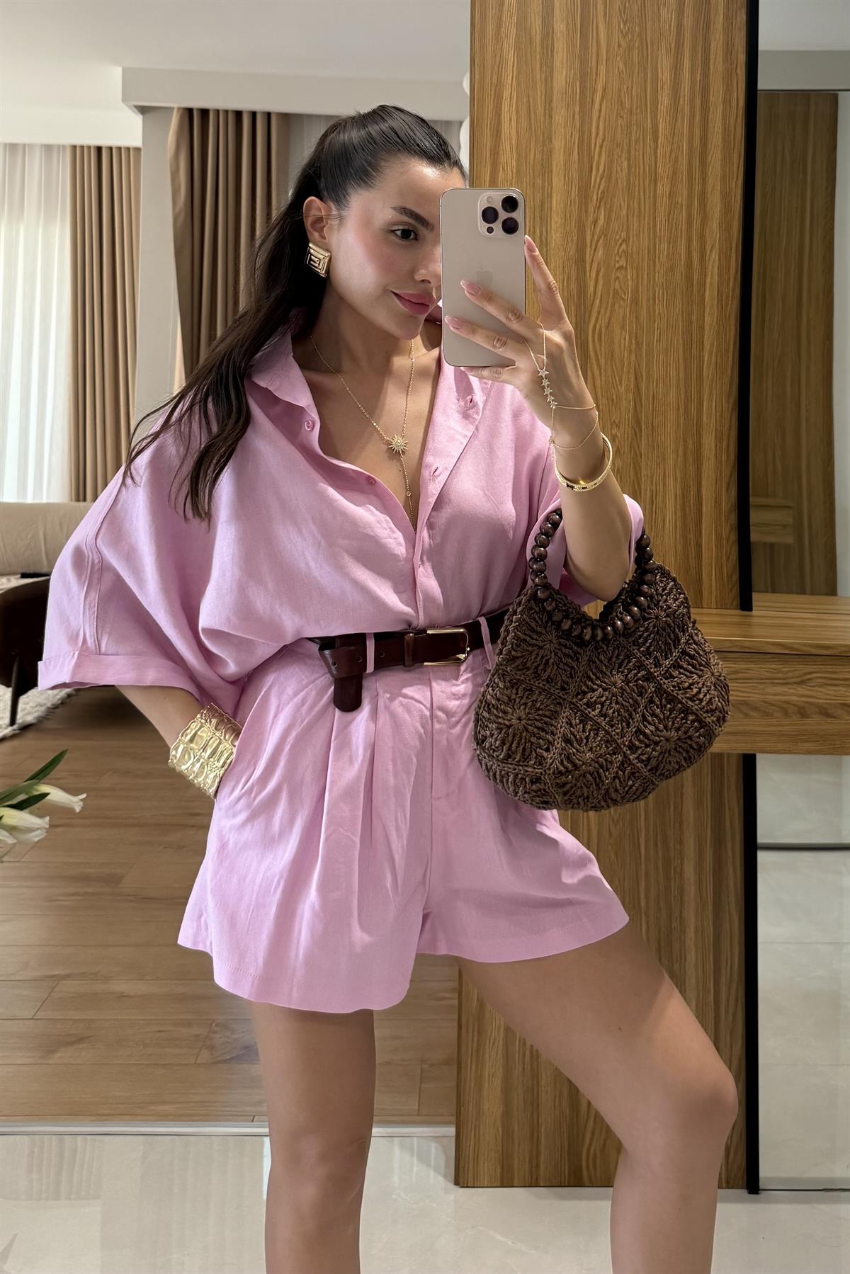 Mareis Pembe Gömlek Şort Keten Takım 