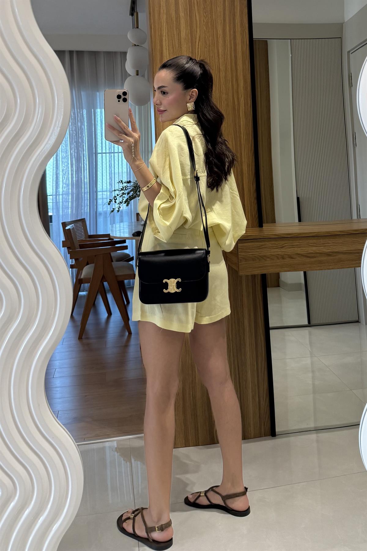 Mareis Sarı Gömlek Şort Keten Takım 