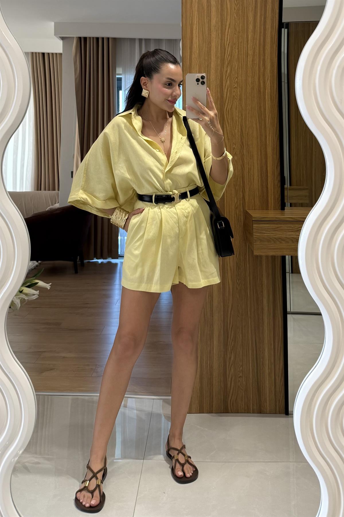 Mareis Sarı Gömlek Şort Keten Takım 