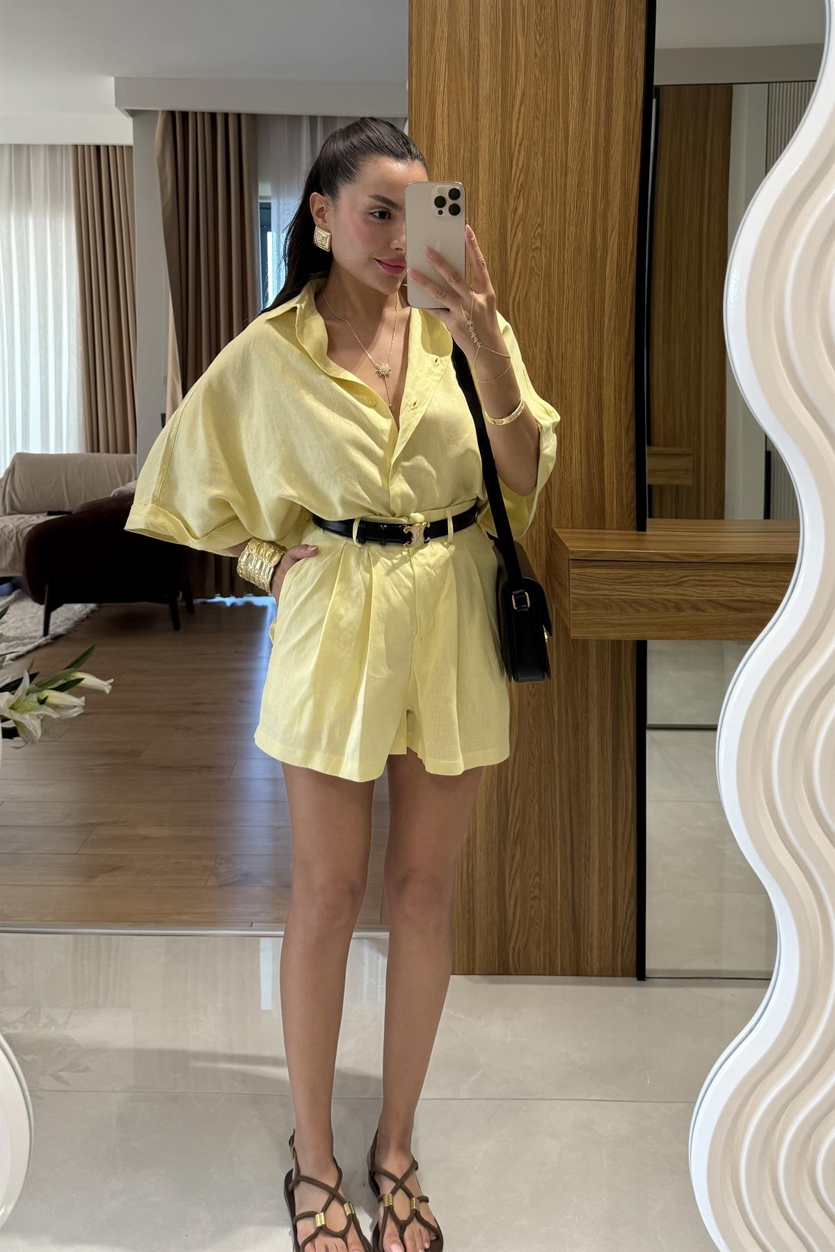 Mareis Sarı Gömlek Şort Keten Takım 