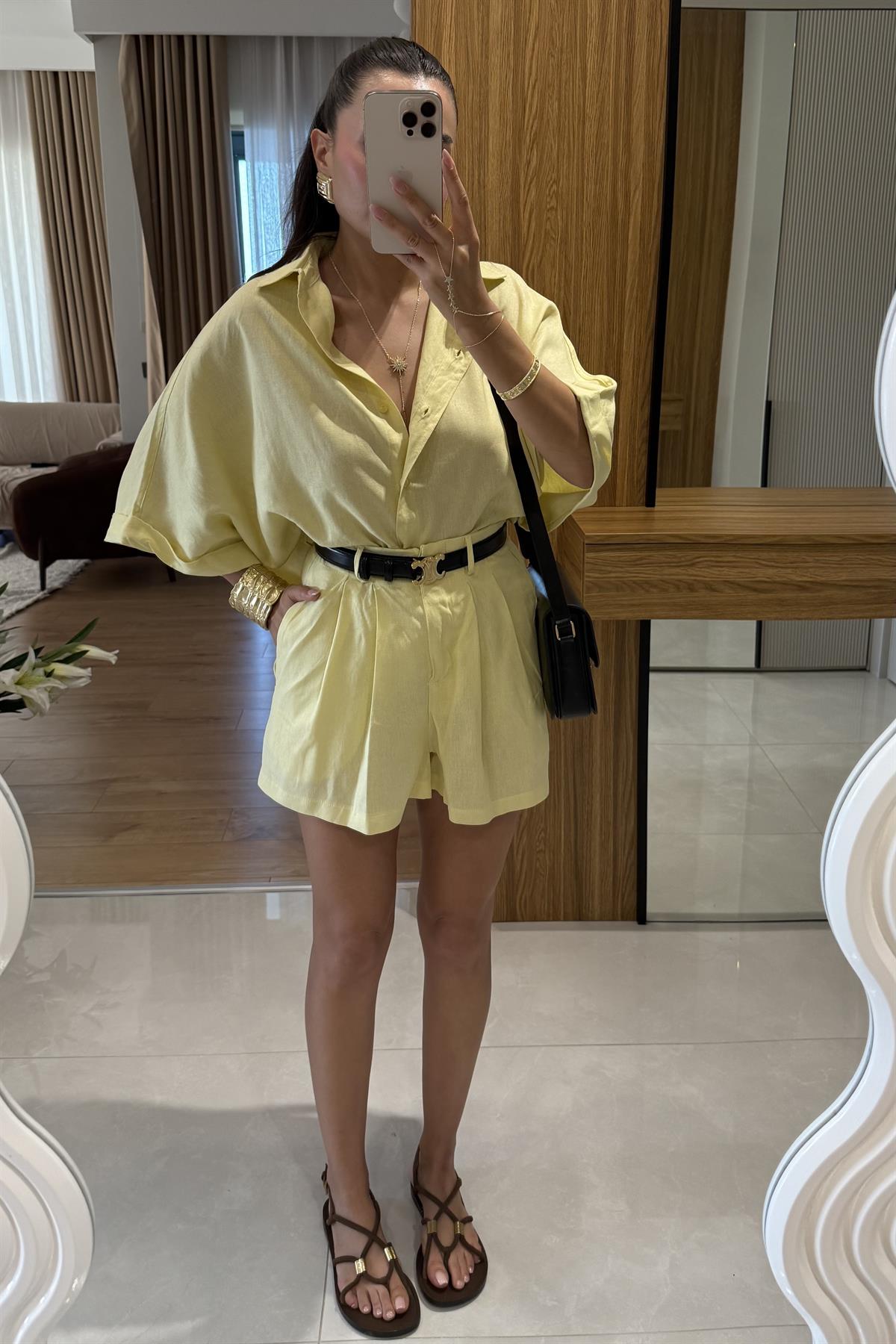 Mareis Sarı Gömlek Şort Keten Takım 