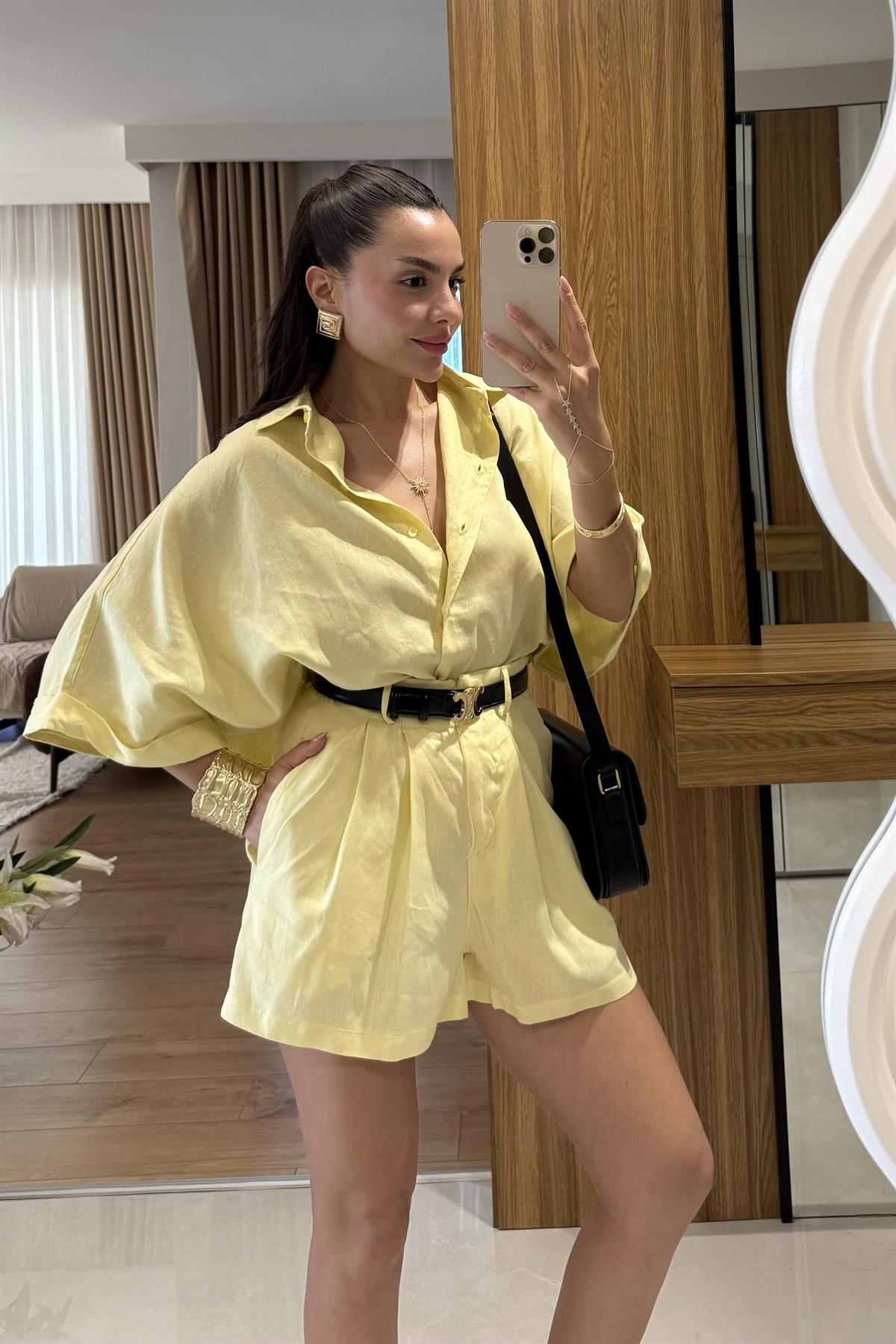 Mareis Sarı Gömlek Şort Keten Takım 