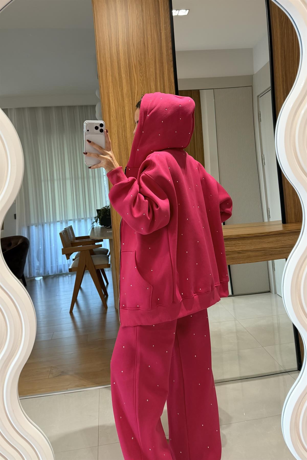 Marel Pembe Şardonlu Taşlı Eşofman Takımı