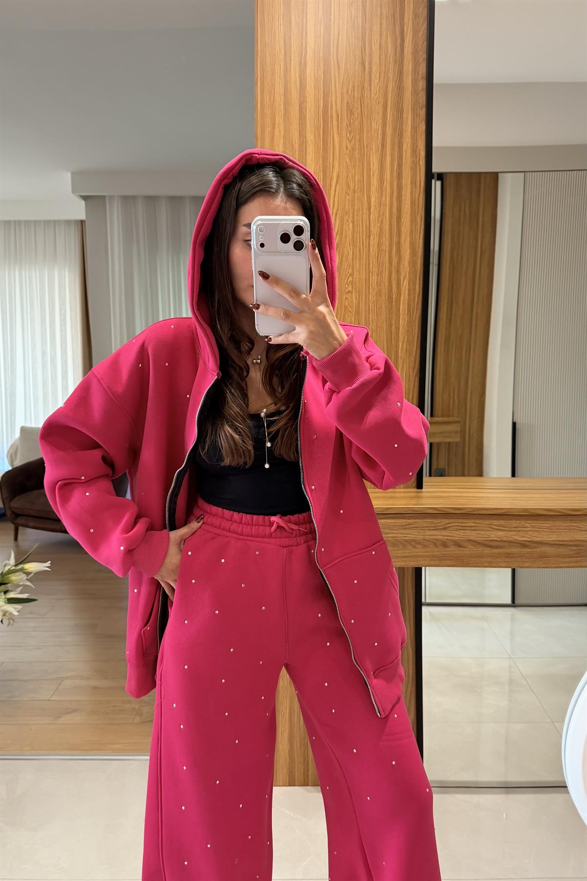 Marel Pembe Şardonlu Taşlı Eşofman Takımı