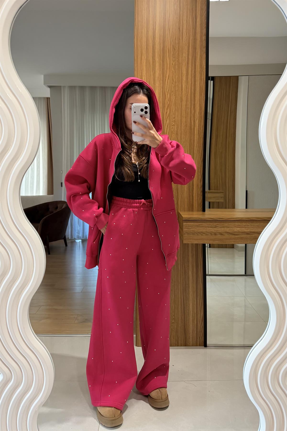 Marel Pembe Şardonlu Taşlı Eşofman Takımı