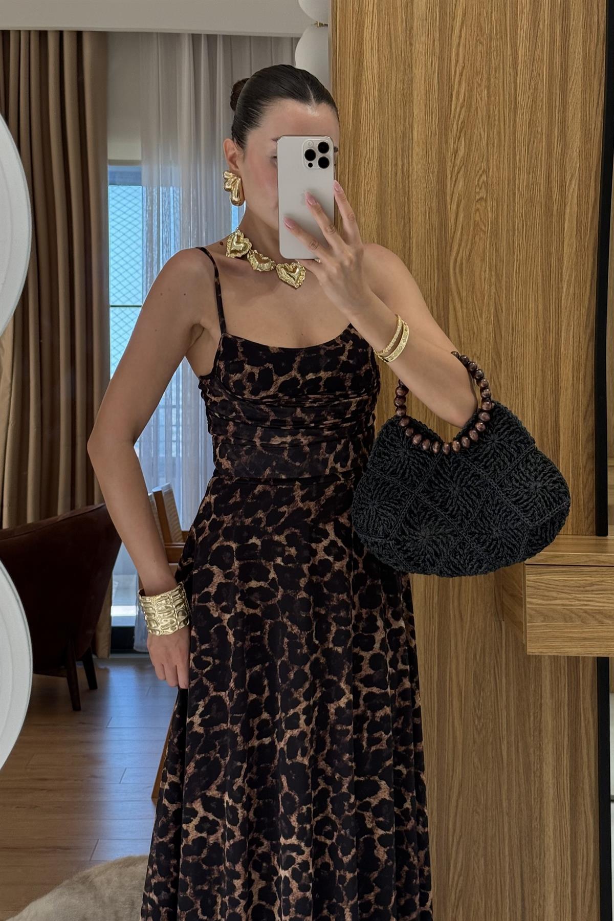 Maren İp Askılı Leopar Desen Elbise