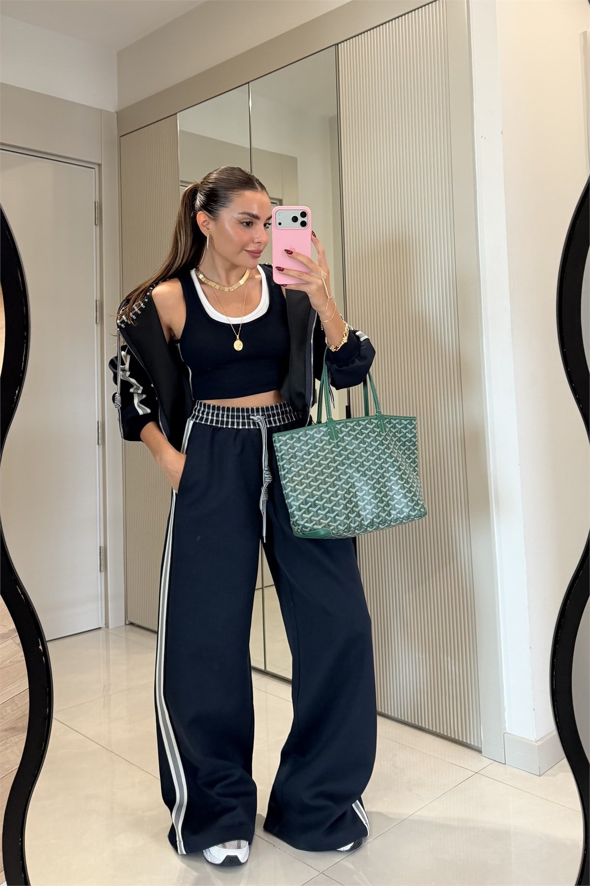 Margaux Lacivert Ekose Bel Detaylı Yanları Şeritli Pantolon