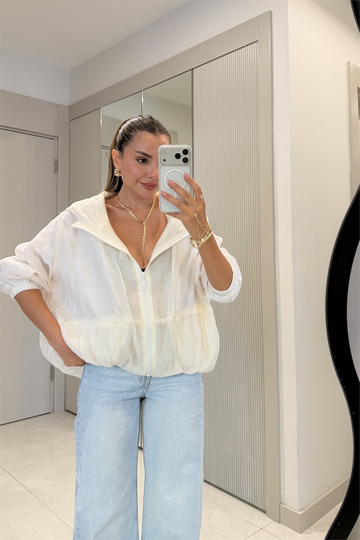 Margot Beyaz Fermuarlı Kapüşonlu Yağmurluk