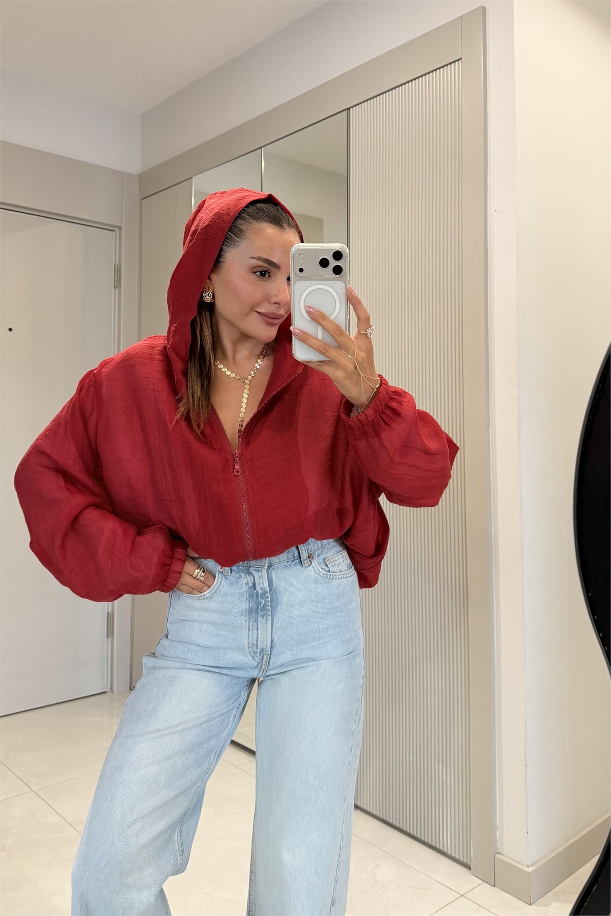 Margot Kırmızı Fermuarlı Kapüşonlu Yağmurluk