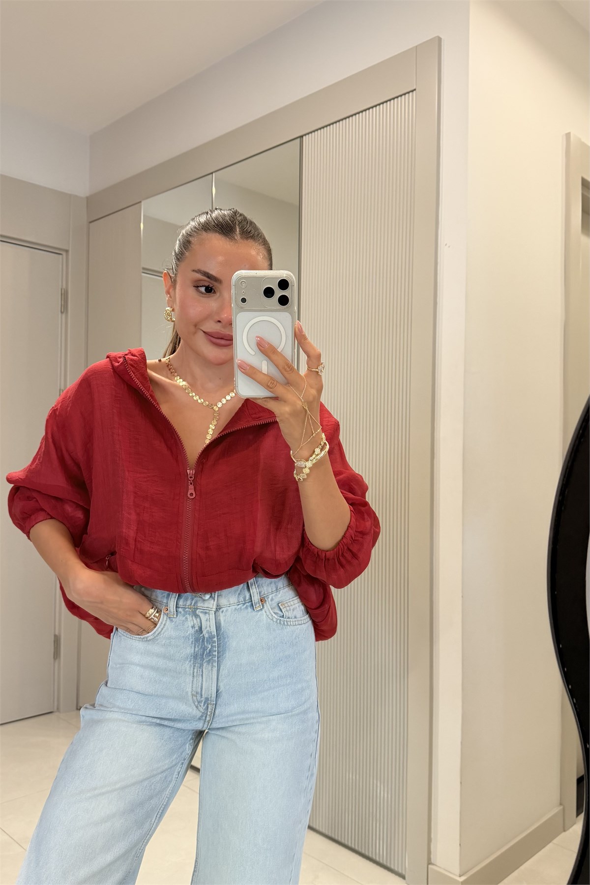 Margot Kırmızı Fermuarlı Kapüşonlu Yağmurluk