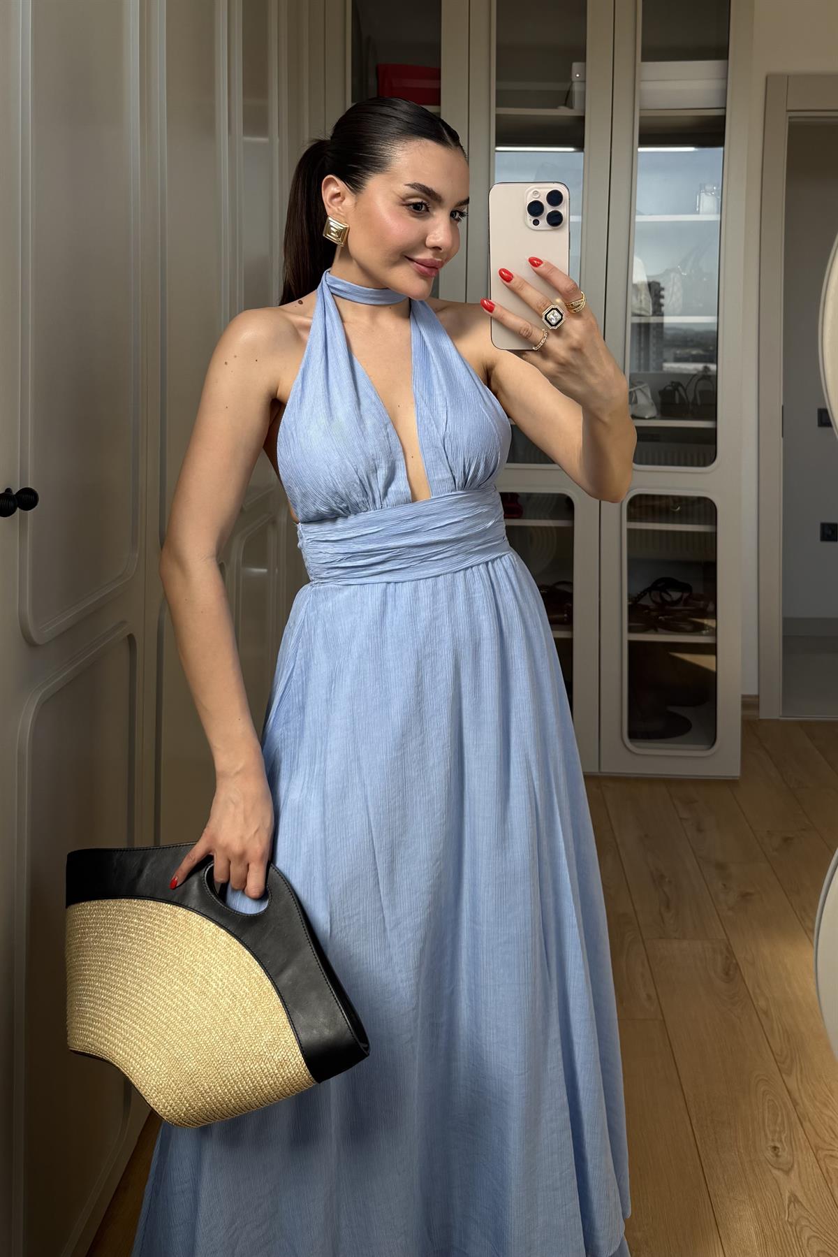 Margot Mavi Boyundan Bağlamalı Elbise