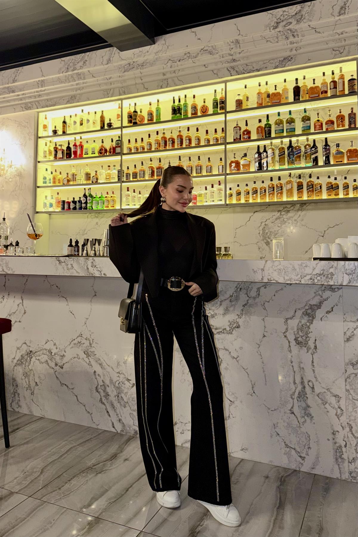 Maria Siyah Full Taşlı Palazzo Jean