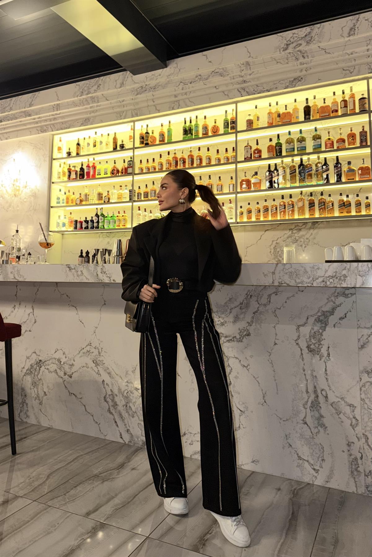 Maria Siyah Full Taşlı Palazzo Jean