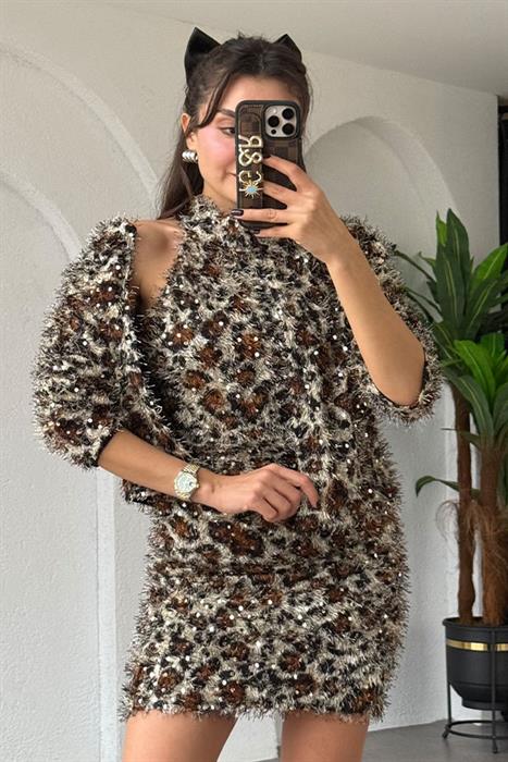 Maribel Leopar Pullu Elbise Hırka Takım