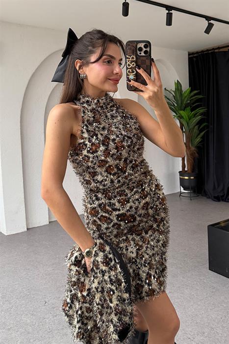 Maribel Leopar Pullu Elbise Hırka Takım