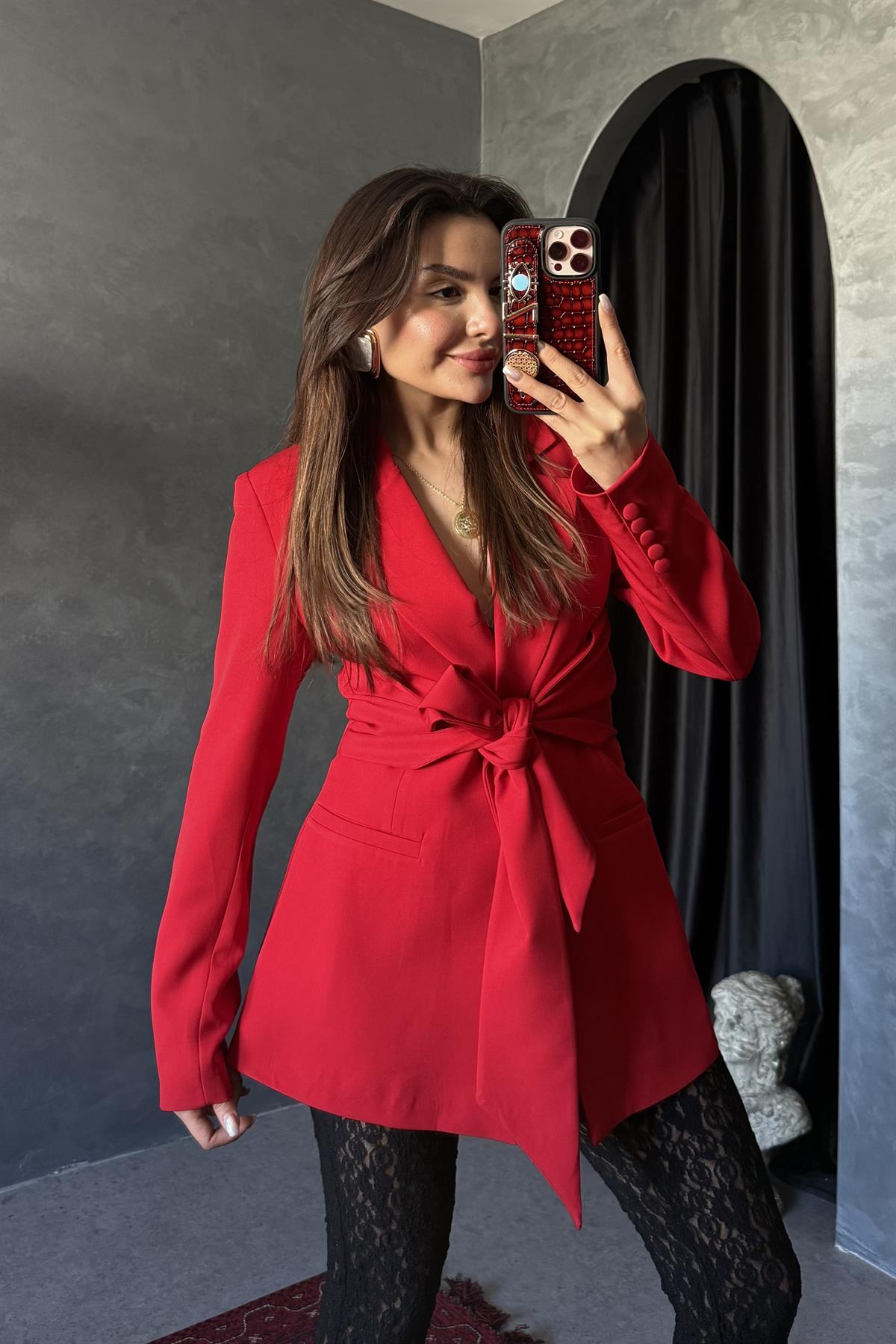 Mariel Kırmızı Bağlamalı Premium Blazer Ceket