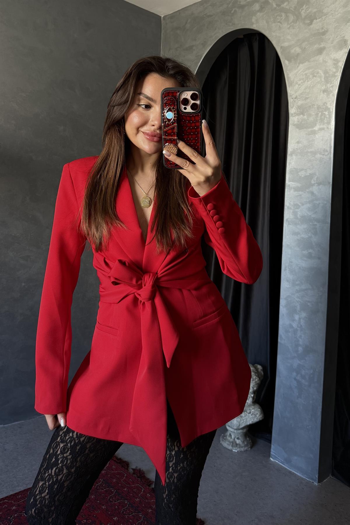 Mariel Kırmızı Bağlamalı Premium Blazer Ceket