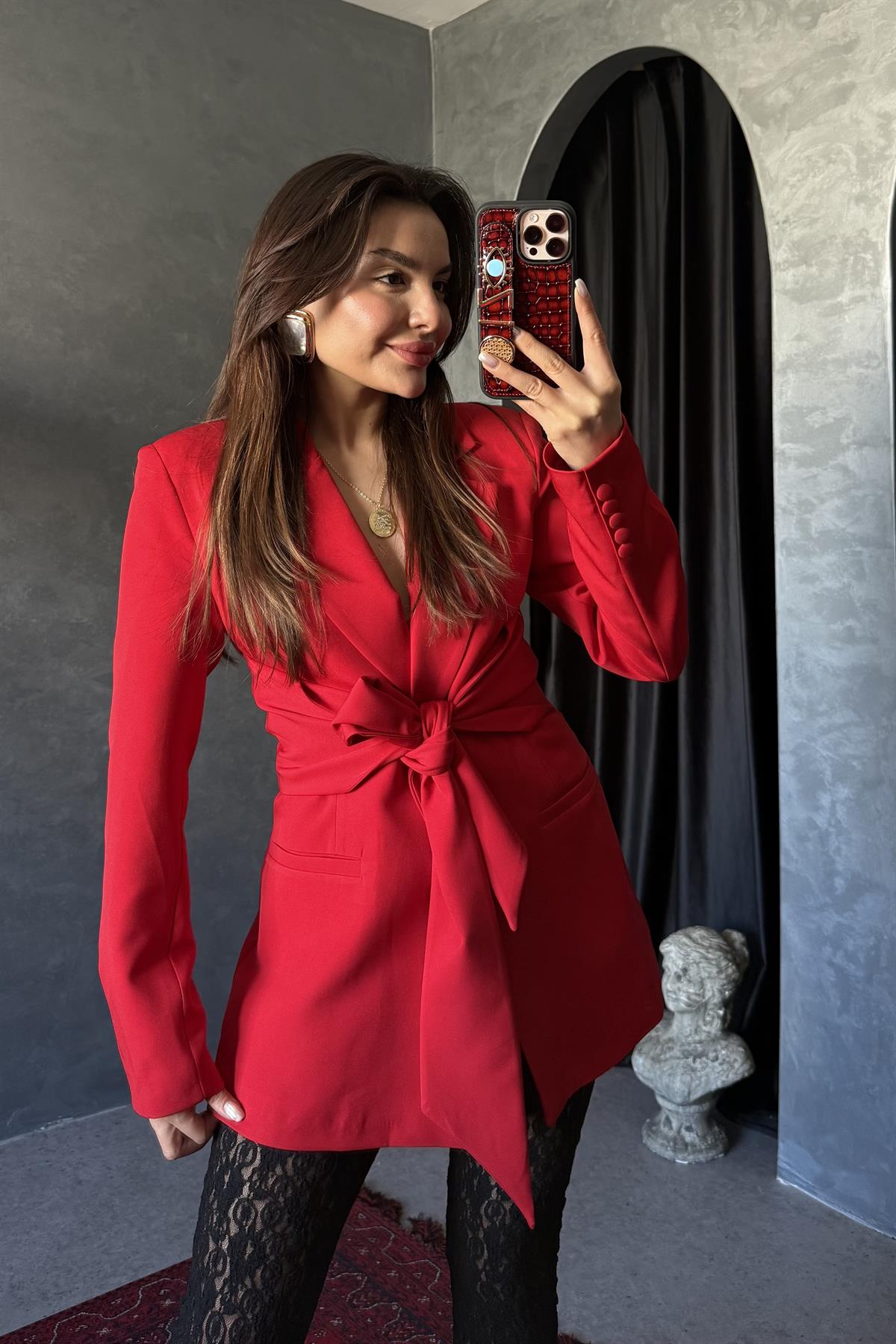 Mariel Kırmızı Bağlamalı Premium Blazer Ceket