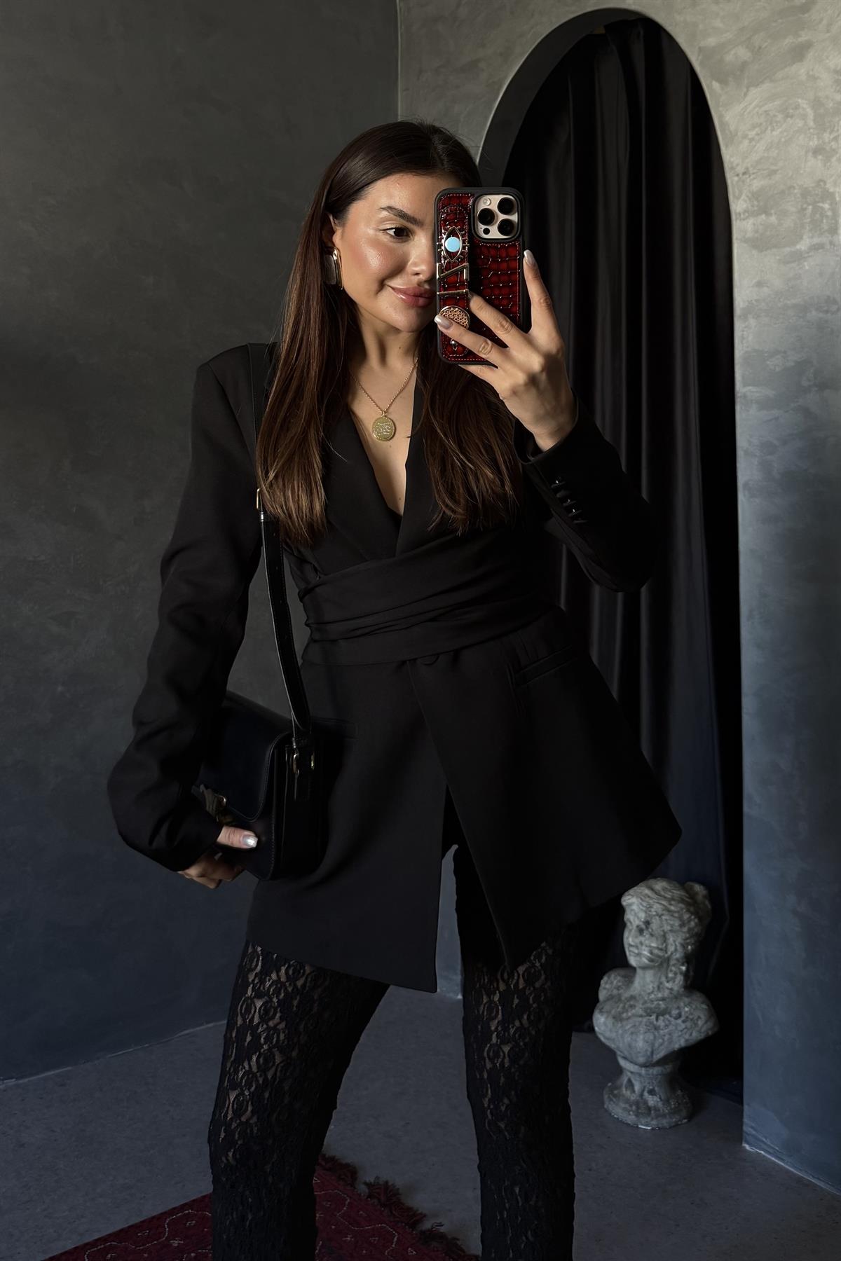 Mariel Siyah Bağlamalı Premium Blazer Ceket