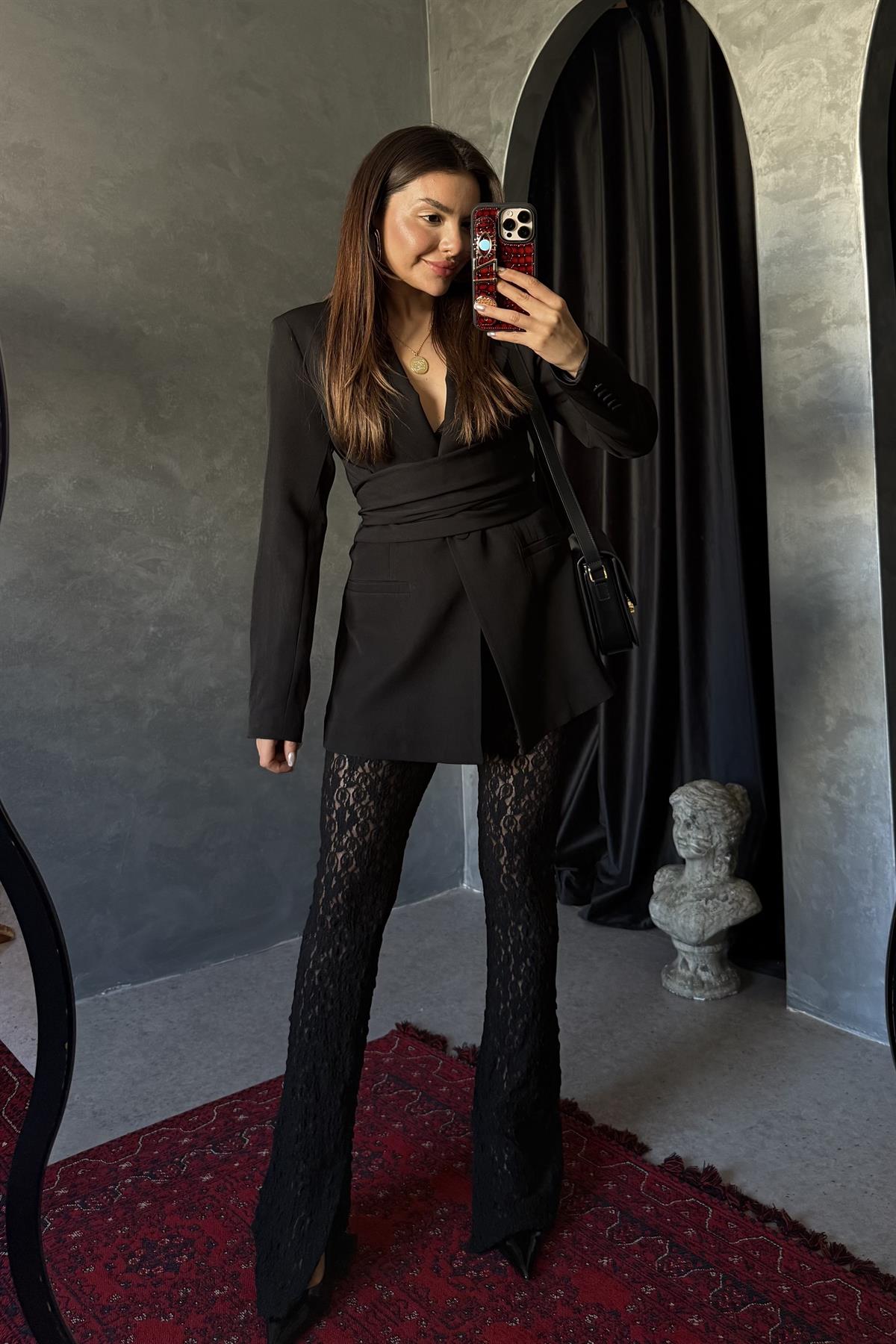 Mariel Siyah Bağlamalı Premium Blazer Ceket