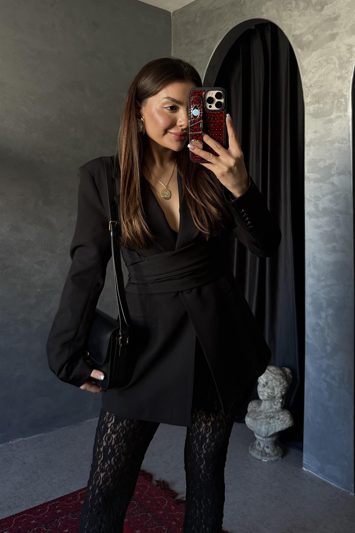 Mariel Siyah Bağlamalı Premium Blazer Ceket