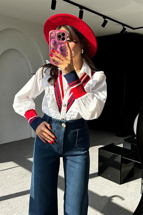 Marin Kırmızı Şeritli Tasarım Gömlek