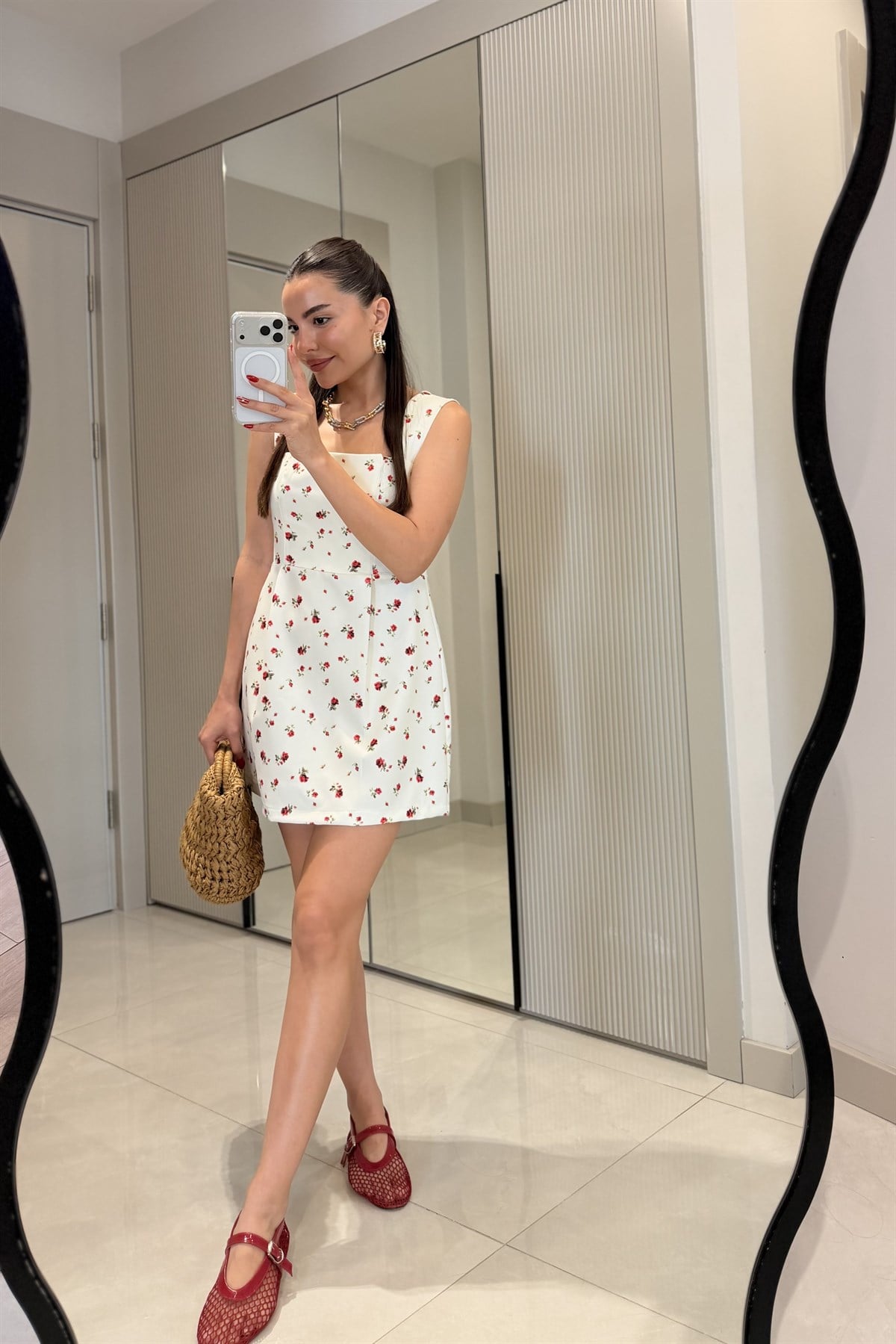 Marinella Kırmızı Çiçekli Beyaz Mini Elbise