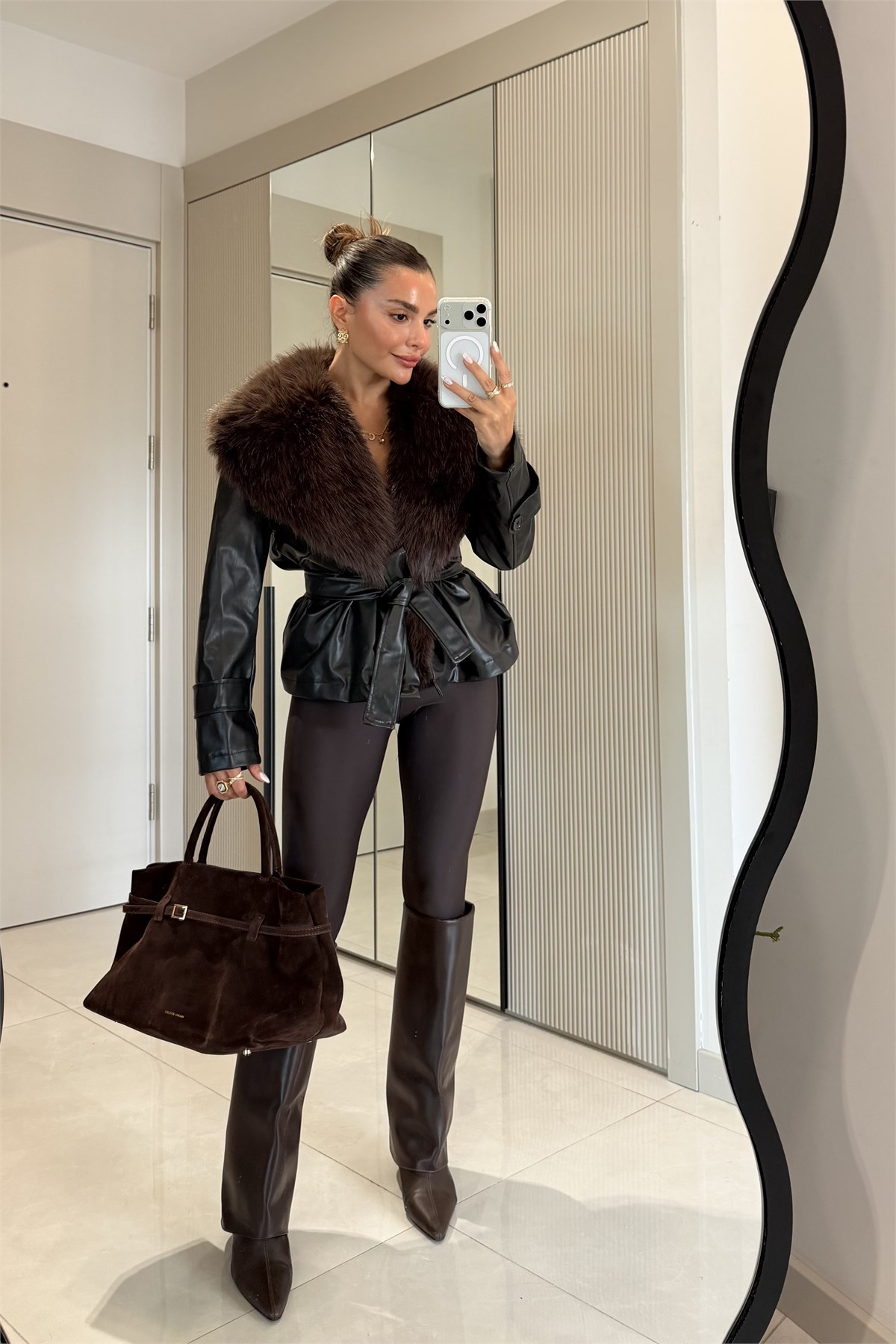 Marise Kahve Kürk Yakalı Kemerli Deri Ceket