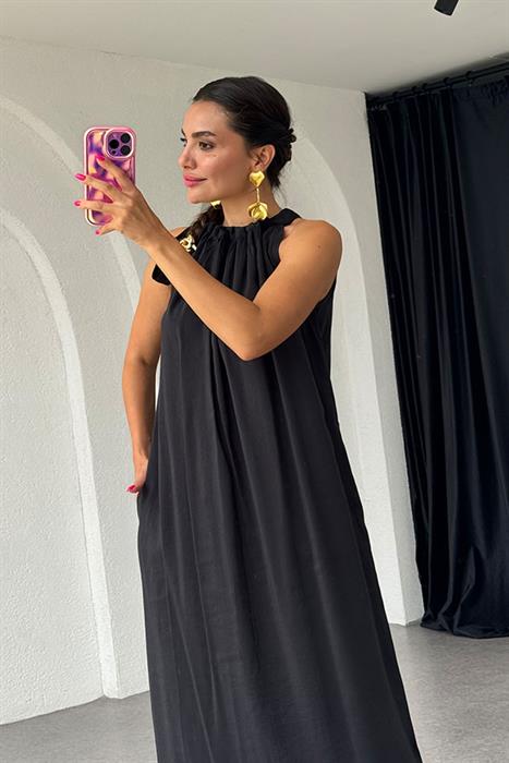 Marisol Tensel Omuzdan Bağlamalı Elbise-Siyah