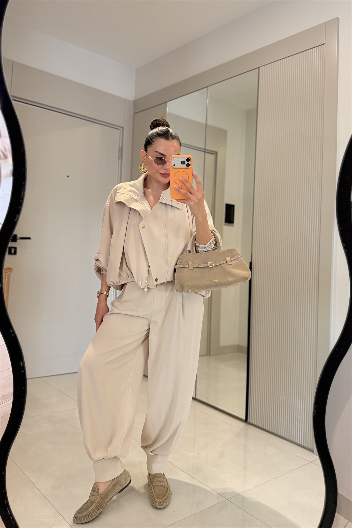 Marlena Bej Bomber Ceket Pantolon Premium Takım