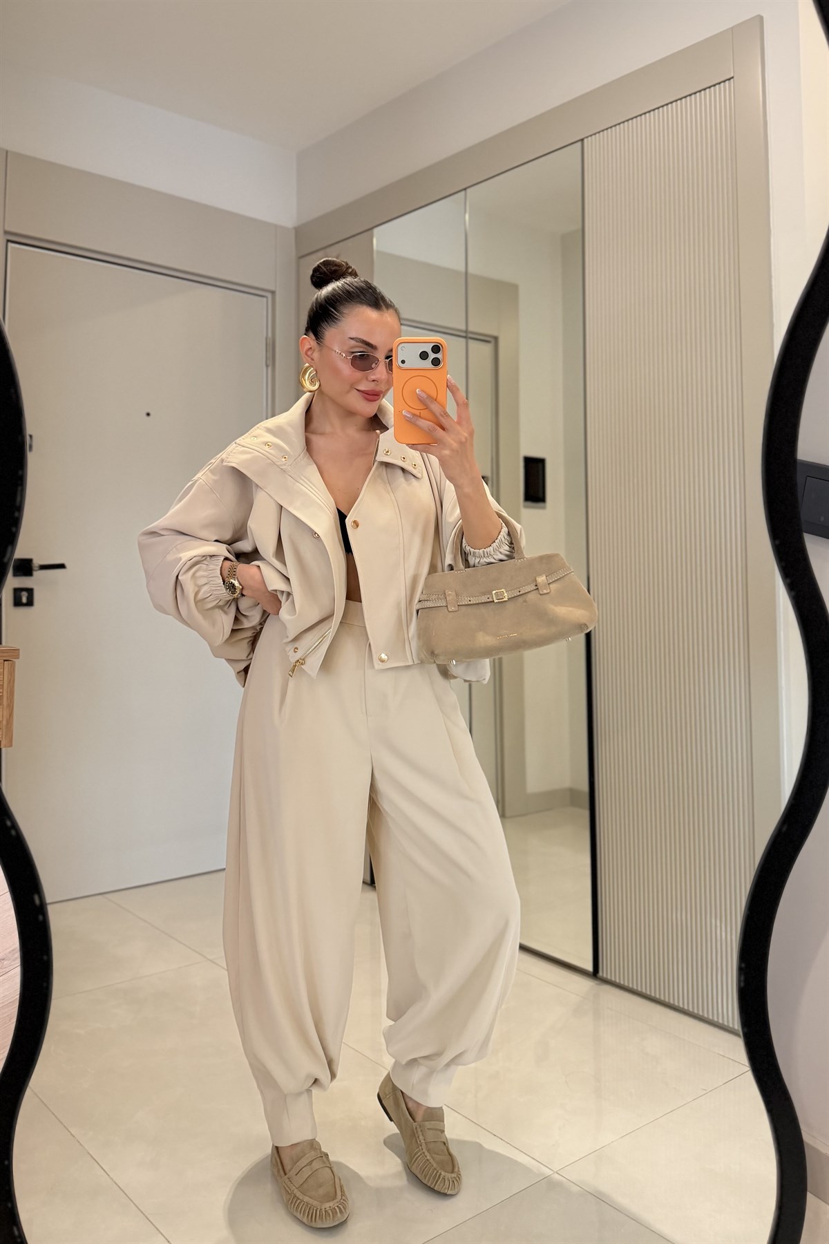 Marlena Bej Bomber Ceket Pantolon Premium Takım