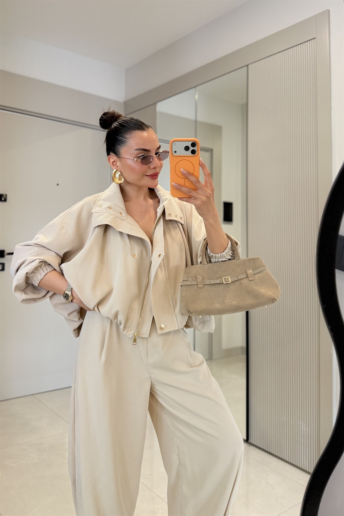 Marlena Bej Bomber Ceket Pantolon Premium Takım