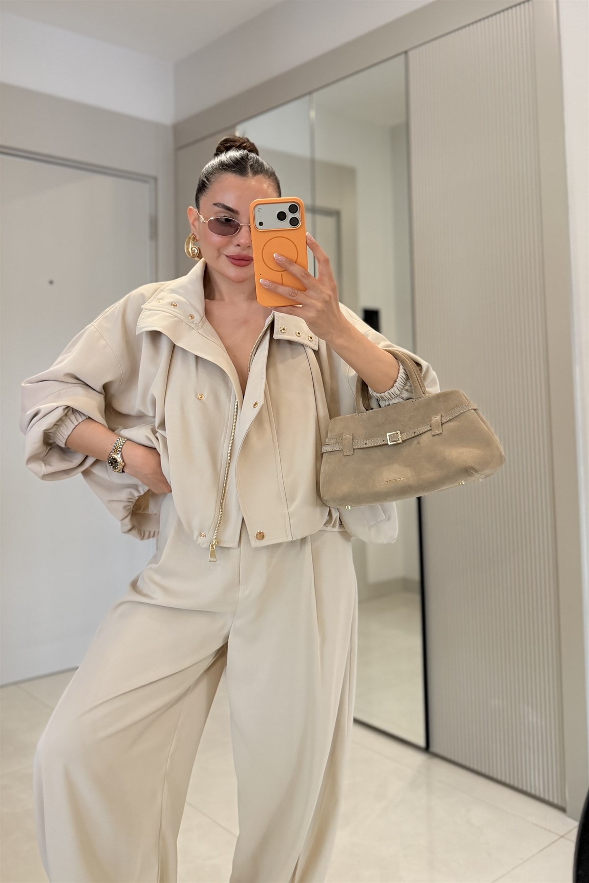 Marlena Bej Bomber Ceket Pantolon Premium Takım