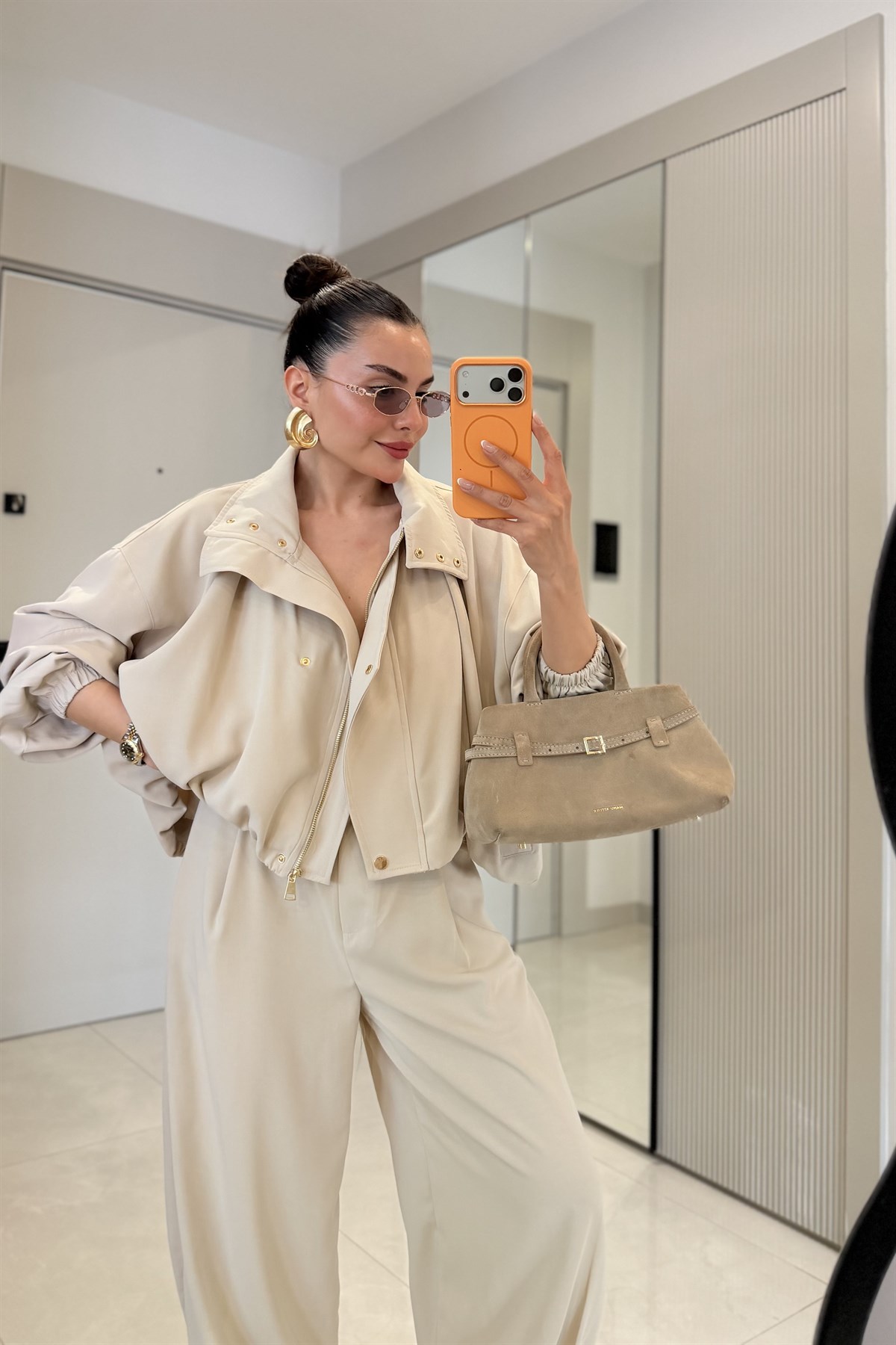 Marlena Bej Bomber Ceket Pantolon Premium Takım