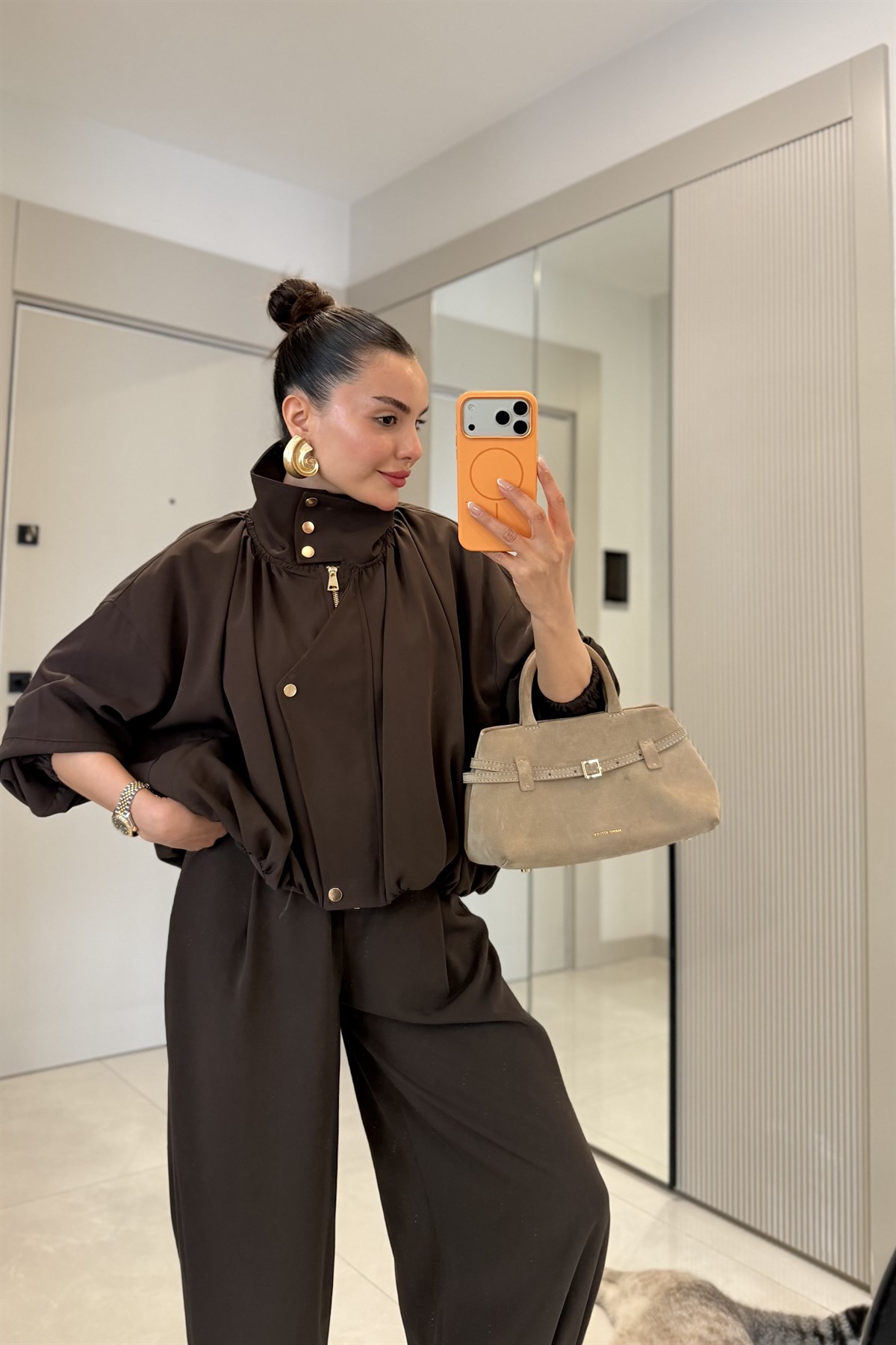 Marlena Kahve Bomber Ceket Pantolon Premium Takım