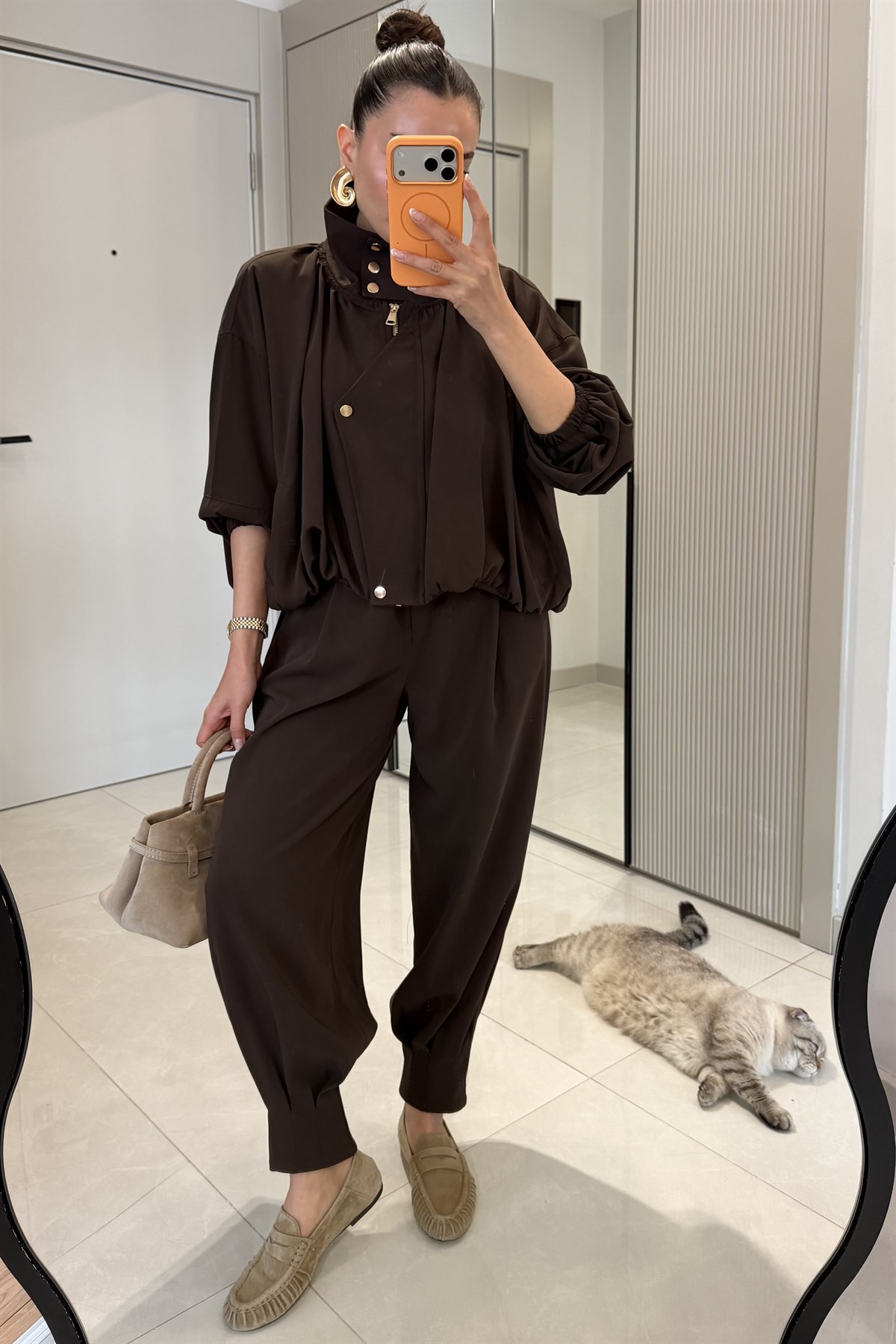 Marlena Kahve Bomber Ceket Pantolon Premium Takım