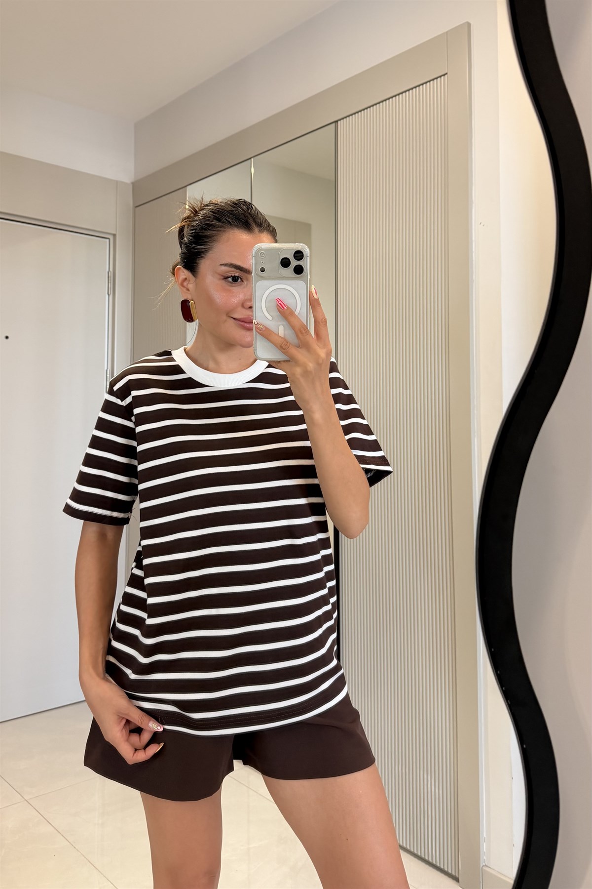 Marlet Kahve Çizgili Bisiklet Yaka Tshirt