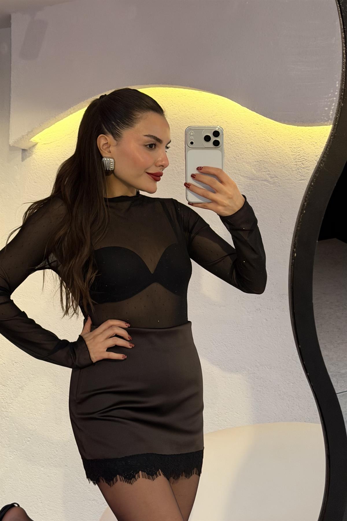 Marsel Kahve Dantel Detaylı Saten Etek