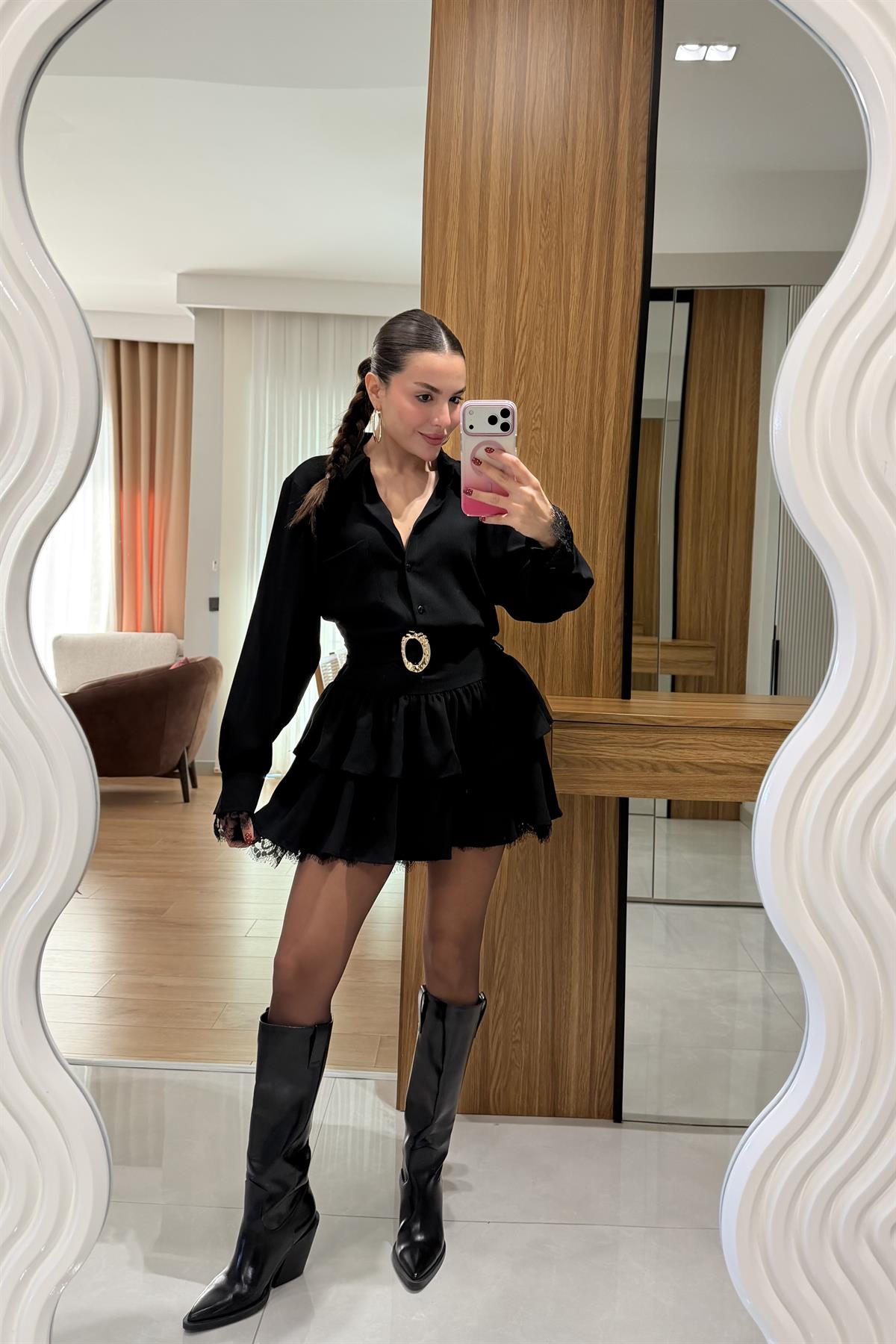Marsha Siyah Dantel Detaylı Kemerli Elbise