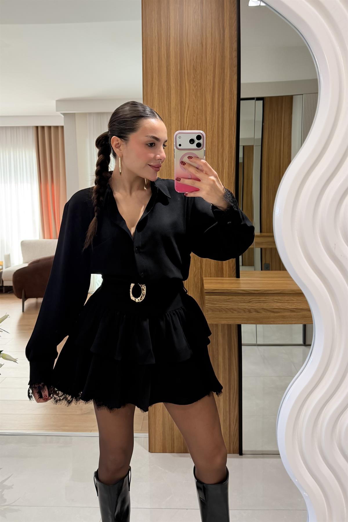 Marsha Siyah Dantel Detaylı Kemerli Elbise