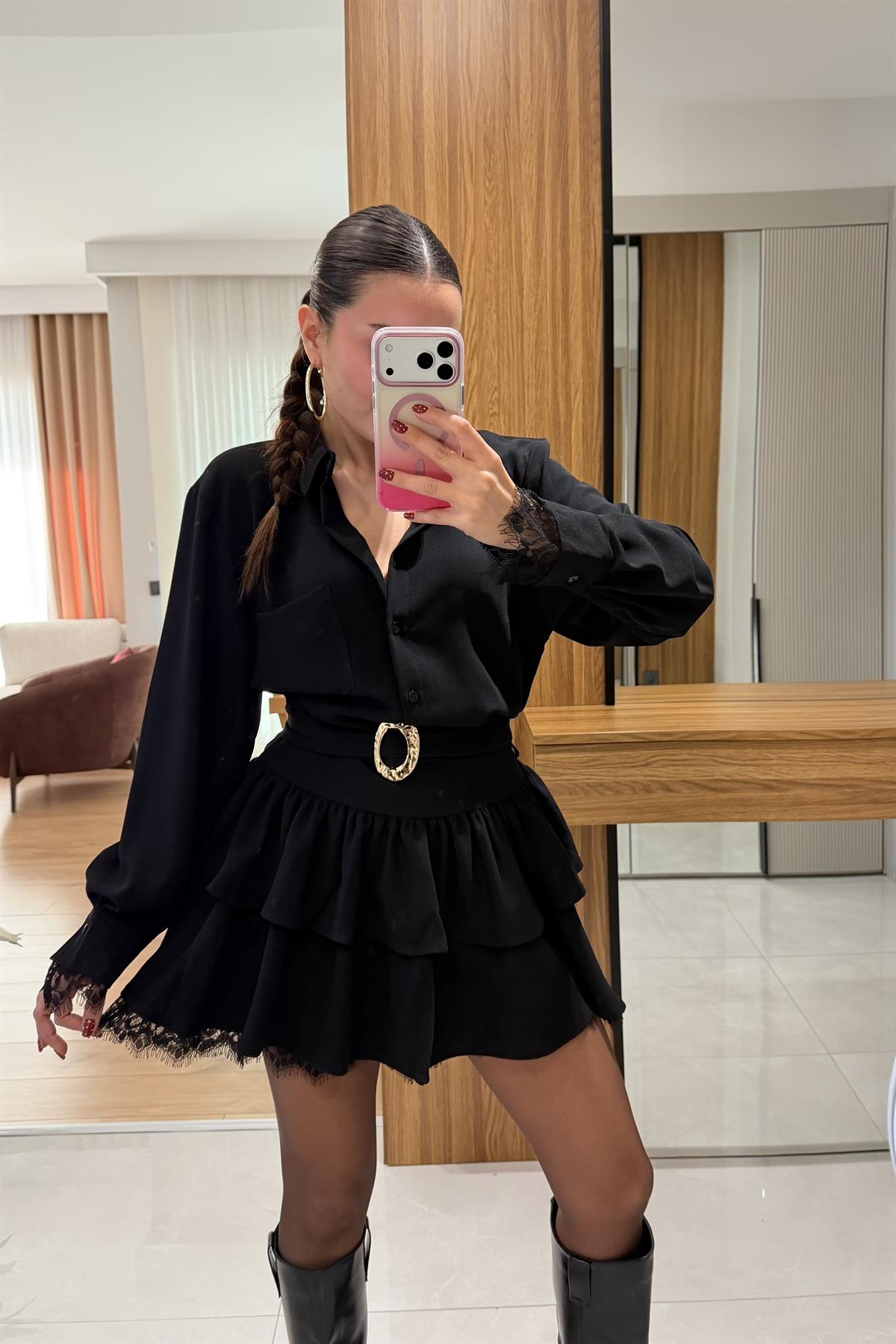 Marsha Siyah Dantel Detaylı Kemerli Elbise