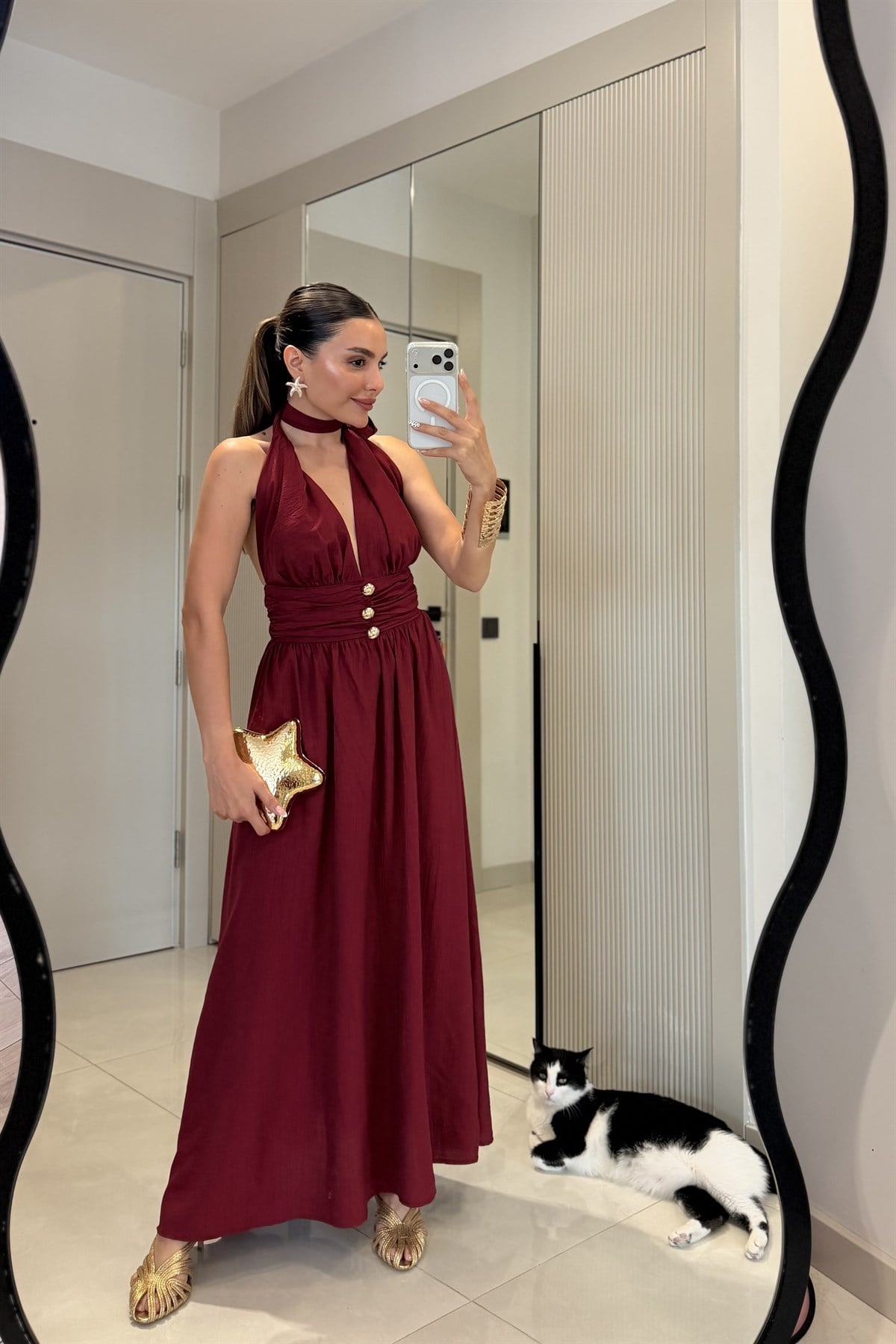 Marsiana Bordo Halter Yaka Gold Düğmeli Elbise