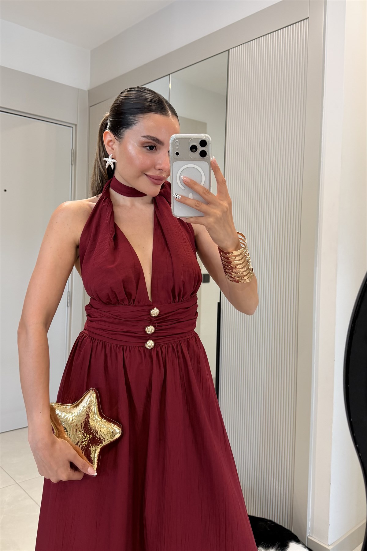 Marsiana Bordo Halter Yaka Gold Düğmeli Elbise