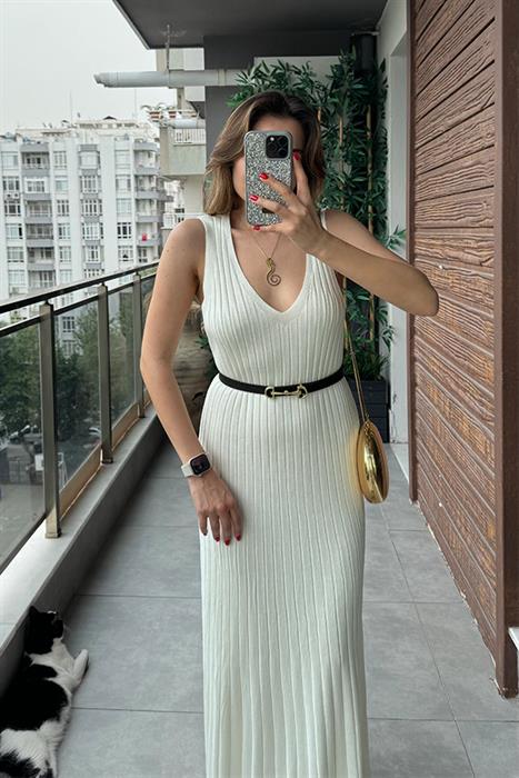 Marsıana Sıfır Kol Fitilli Elbise Ekru
