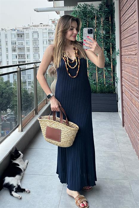 Marsıana Sıfır Kol Fitilli Elbise -Lacivert