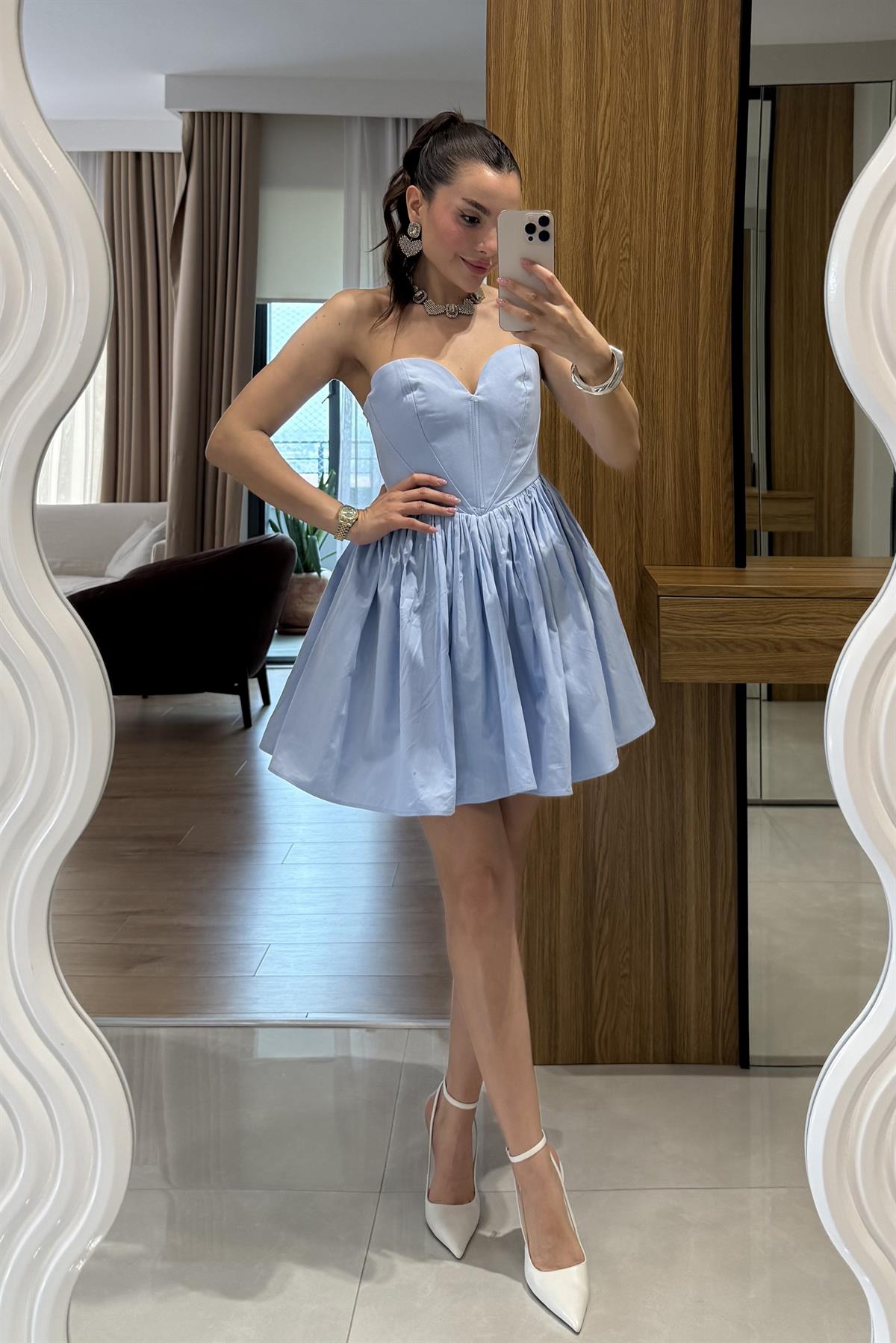 Marsilia Mavi Kalp Yaka Mini Elbise