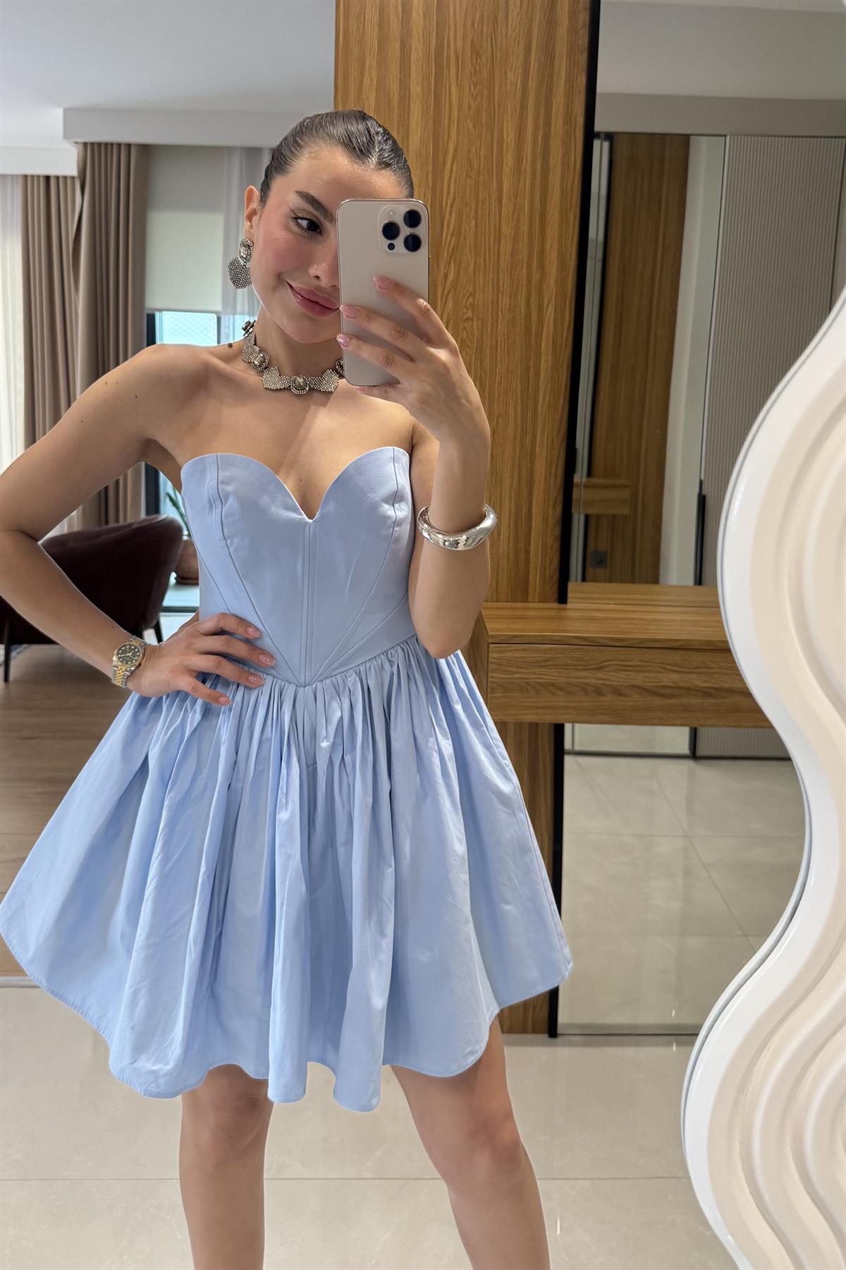 Marsilia Mavi Kalp Yaka Mini Elbise